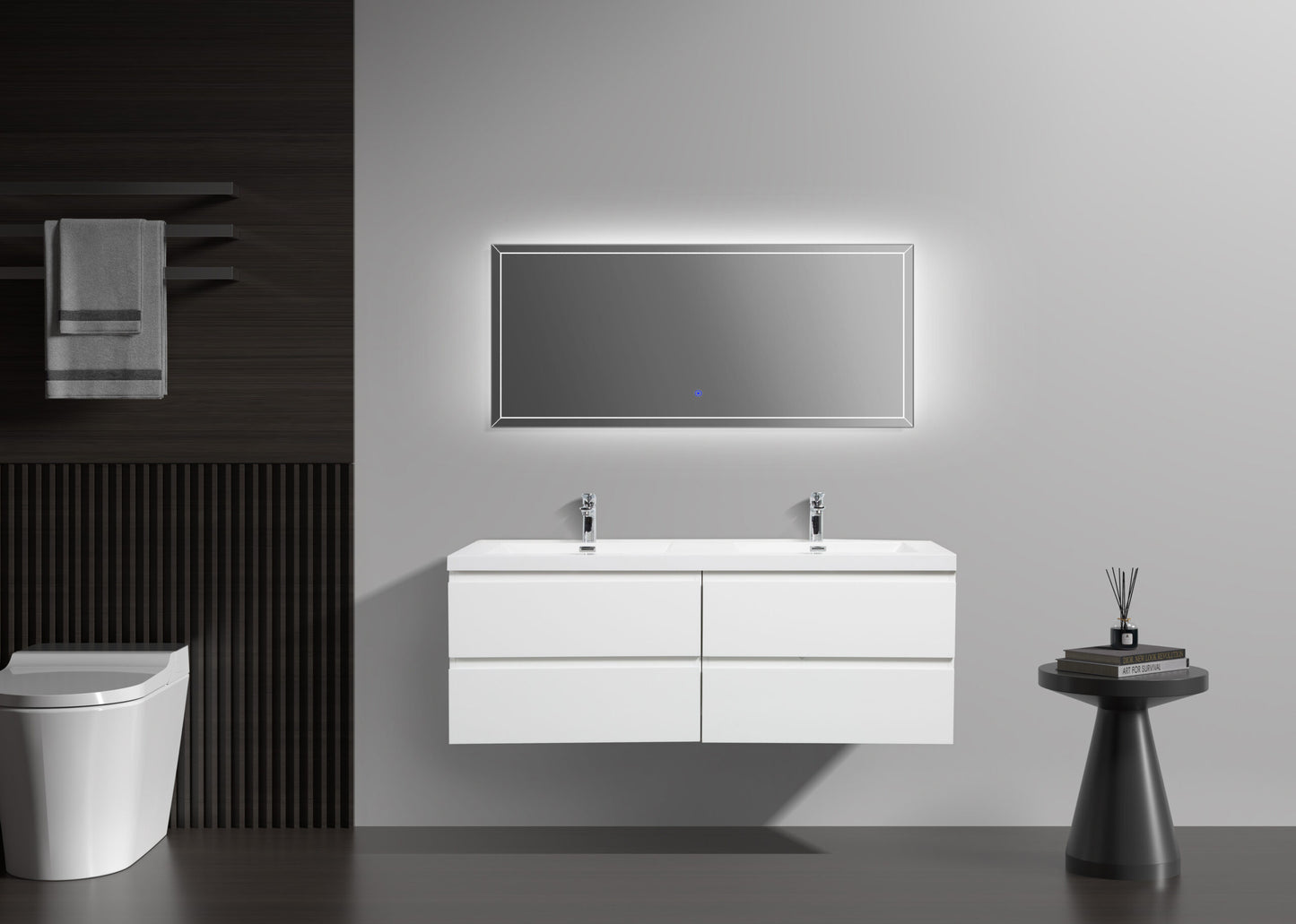 Aurora 60" Glossy Polar White Wall Hung Double Sink Bathroom Vanity with White Acrylic Countertop