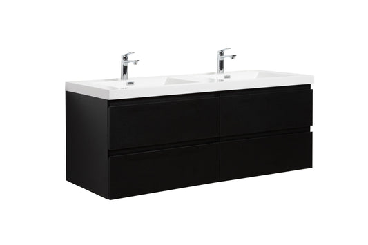 Aurora 60" Matte Midnight Black Wall Hung Double Sink Bathroom Vanity with White Acrylic Countertop