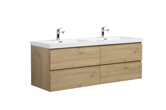 Aurora 60" Sonoma Oak Wall Hung Double Sink Bathroom Vanity with White Acrylic Countertop