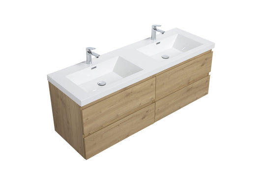 Aurora 60" Sonoma Oak Wall Hung Double Sink Bathroom Vanity with White Acrylic Countertop