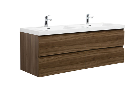 Aurora 60" Smokey Walnut Wall Hung Double Sink Bathroom Vanity with White Acrylic Countertop