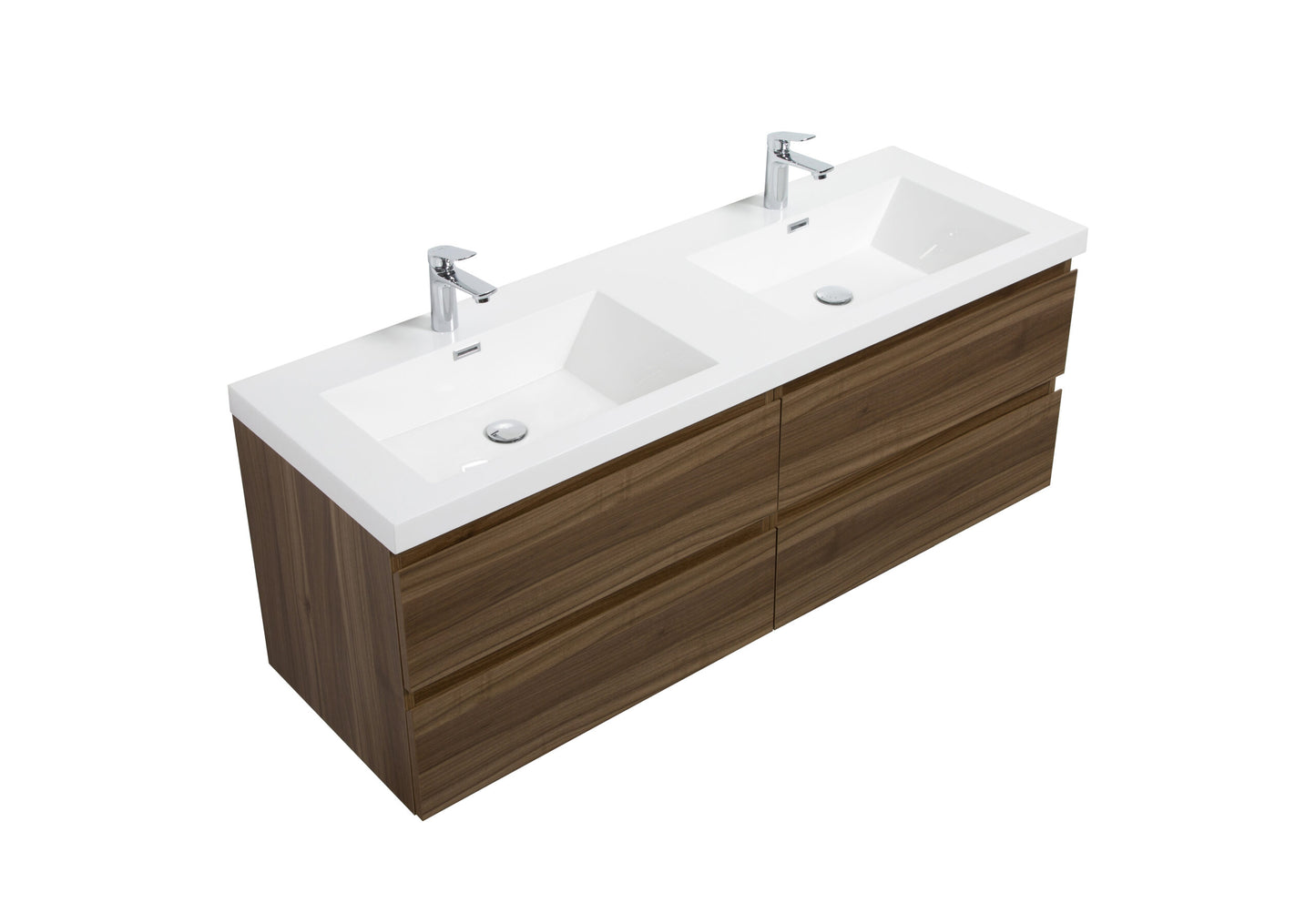 Aurora 60" Smokey Walnut Wall Hung Double Sink Bathroom Vanity with White Acrylic Countertop