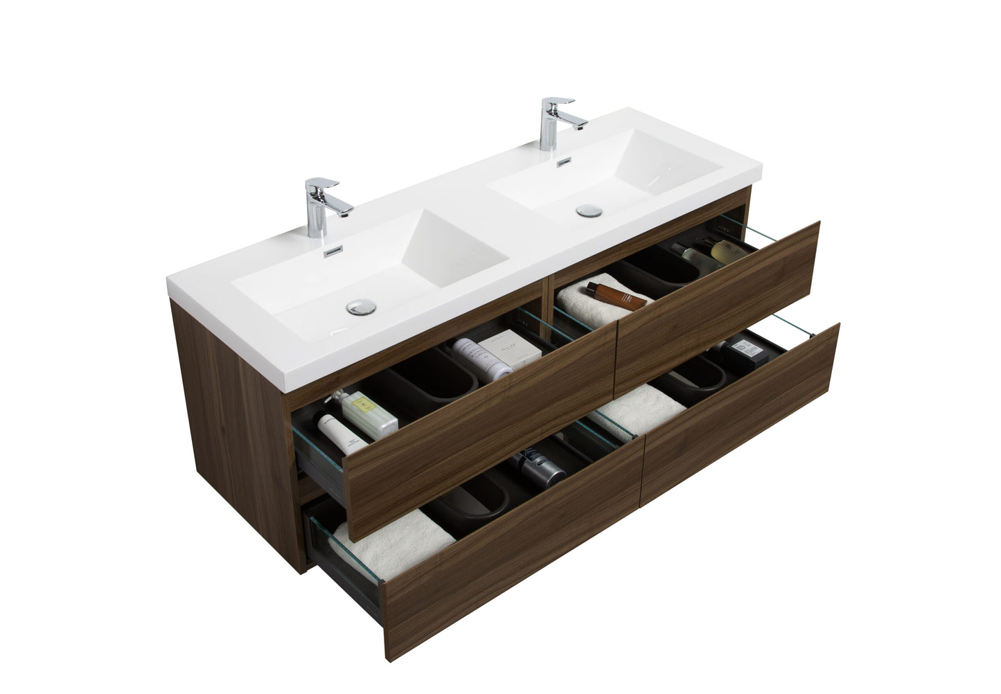 Aurora 60" Smokey Walnut Wall Hung Double Sink Bathroom Vanity with White Acrylic Countertop