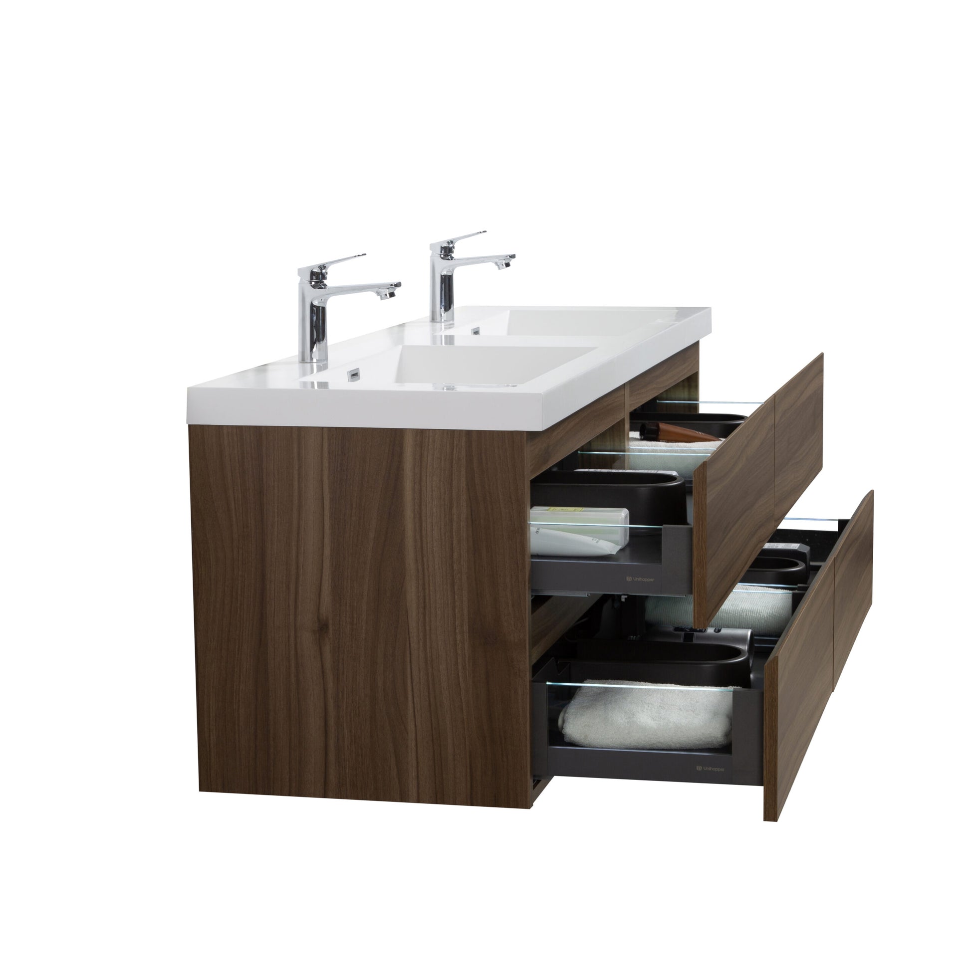 Aurora 60" Smokey Walnut Wall Hung Double Sink Bathroom Vanity with White Acrylic Countertop