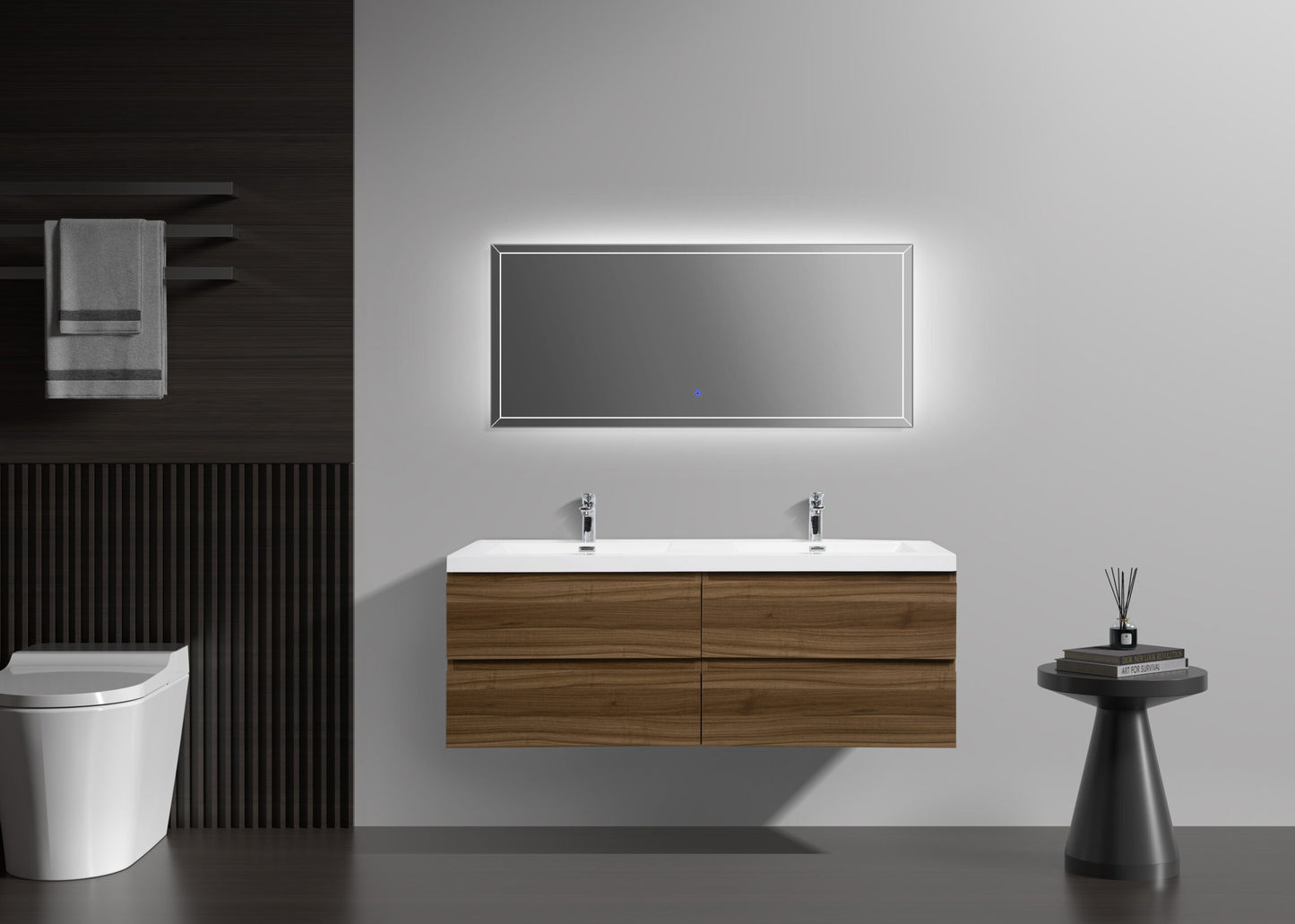 Aurora 60" Smokey Walnut Wall Hung Double Sink Bathroom Vanity with White Acrylic Countertop