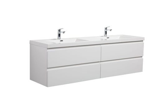 Aurora 72" Glossy Polar White Wall Hung Double Sink Bathroom Vanity with White Acrylic Countertop