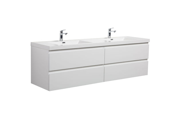 Aurora 72 Glossy Polar White Wall Hung Double Sink Bathroom Vanity with White Acrylic Countertop