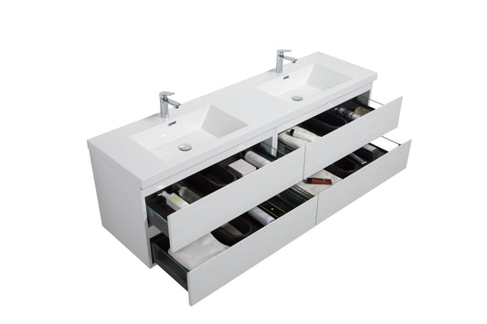 Aurora 72" Glossy Polar White Wall Hung Double Sink Bathroom Vanity with White Acrylic Countertop