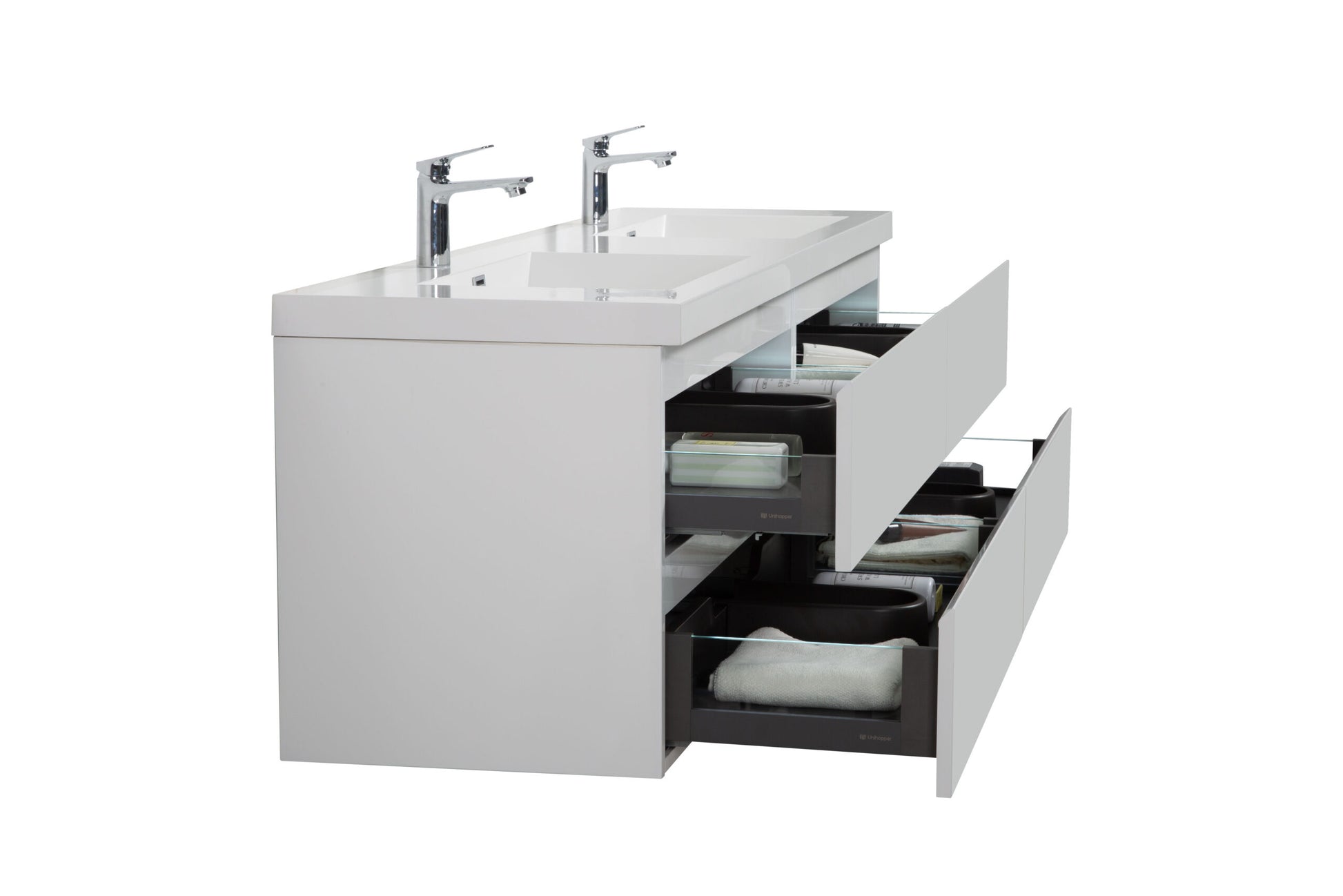 Aurora 72" Glossy Polar White Wall Hung Double Sink Bathroom Vanity with White Acrylic Countertop