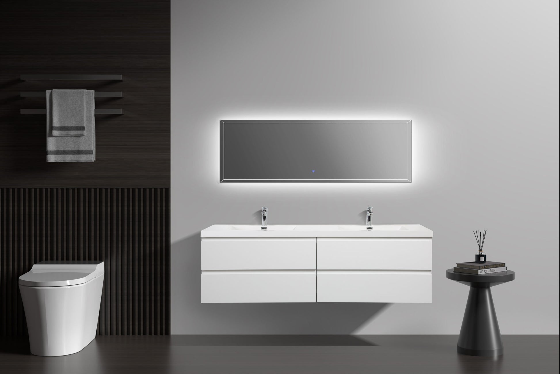 Aurora 72" Glossy Polar White Wall Hung Double Sink Bathroom Vanity with White Acrylic Countertop