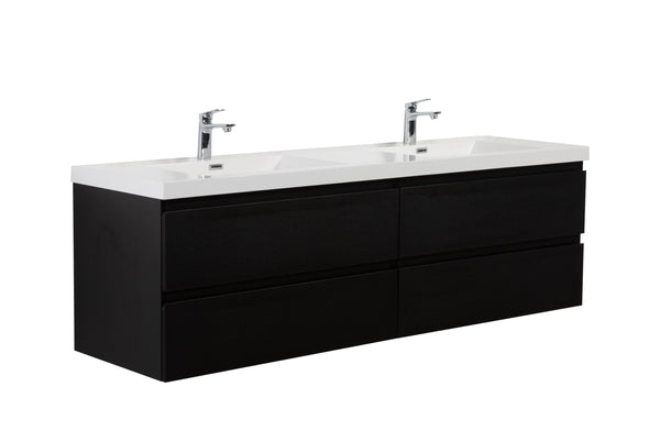 Aurora 72 Matte Midnight Black Wall Hung Double Sink Bathroom Vanity with White Acrylic Countertop