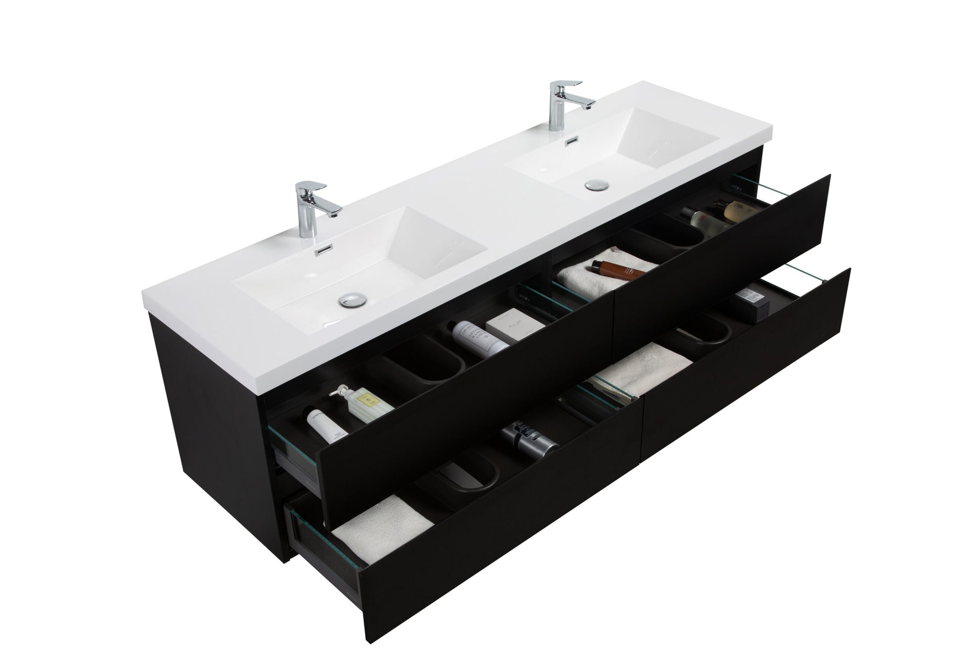 Aurora 72" Matte Midnight Black Wall Hung Double Sink Bathroom Vanity with White Acrylic Countertop