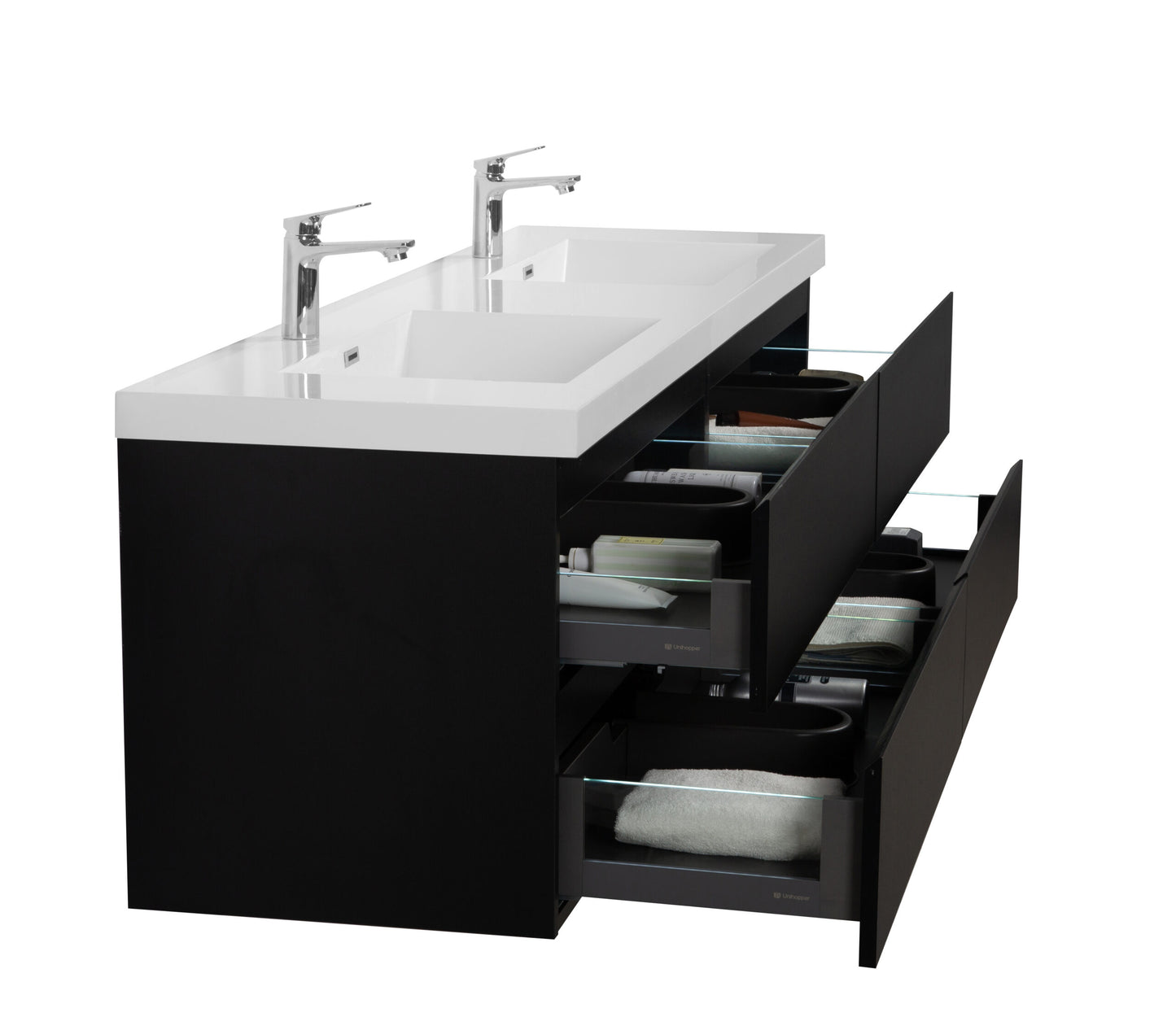 Aurora 72" Matte Midnight Black Wall Hung Double Sink Bathroom Vanity with White Acrylic Countertop