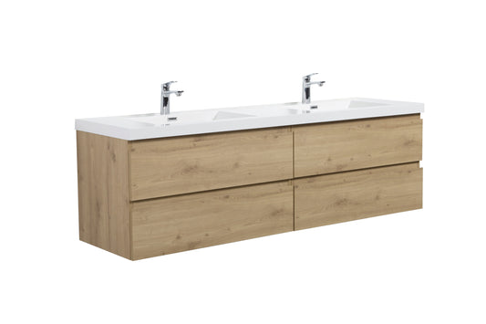 Aurora 72" Sonoma Oak Wall Hung Double Sink Bathroom Vanity with White Acrylic Countertop