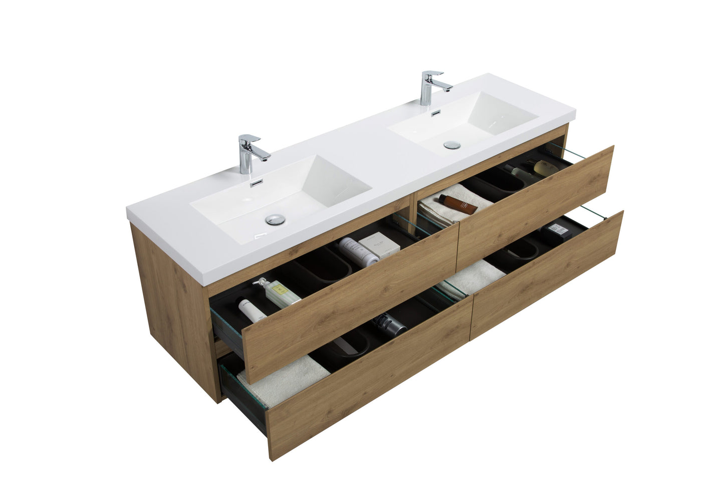 Aurora 72" Sonoma Oak Wall Hung Double Sink Bathroom Vanity with White Acrylic Countertop