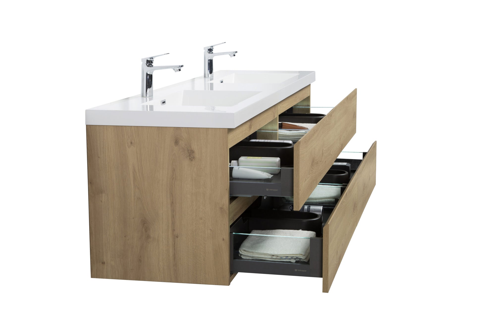 Aurora 72" Sonoma Oak Wall Hung Double Sink Bathroom Vanity with White Acrylic Countertop