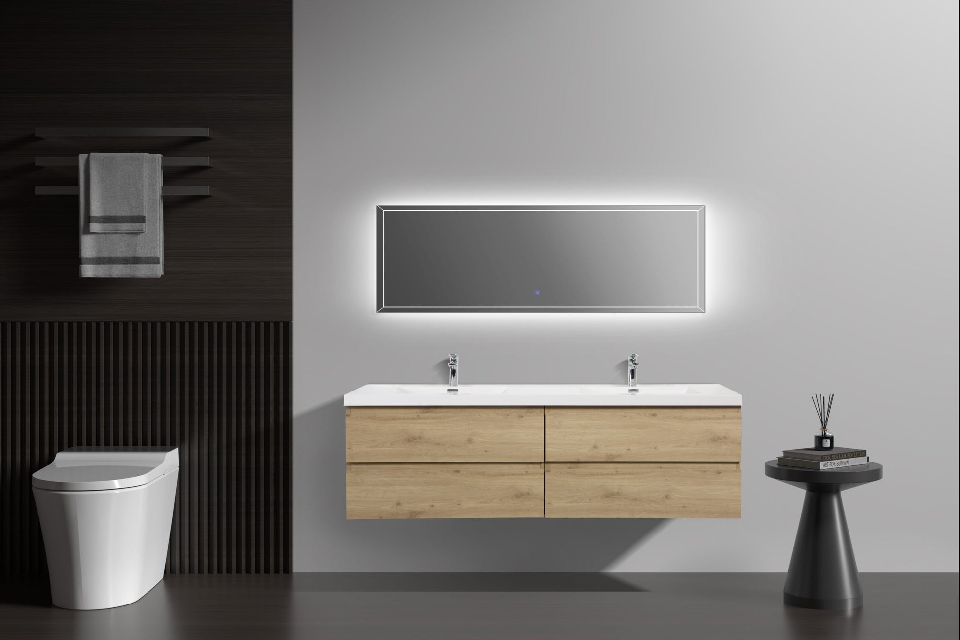 Aurora 72" Sonoma Oak Wall Hung Double Sink Bathroom Vanity with White Acrylic Countertop