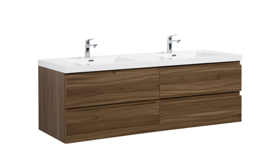 Aurora 72" Smokey Walnut Wall Hung Double Sink Bathroom Vanity with White Acrylic Countertop