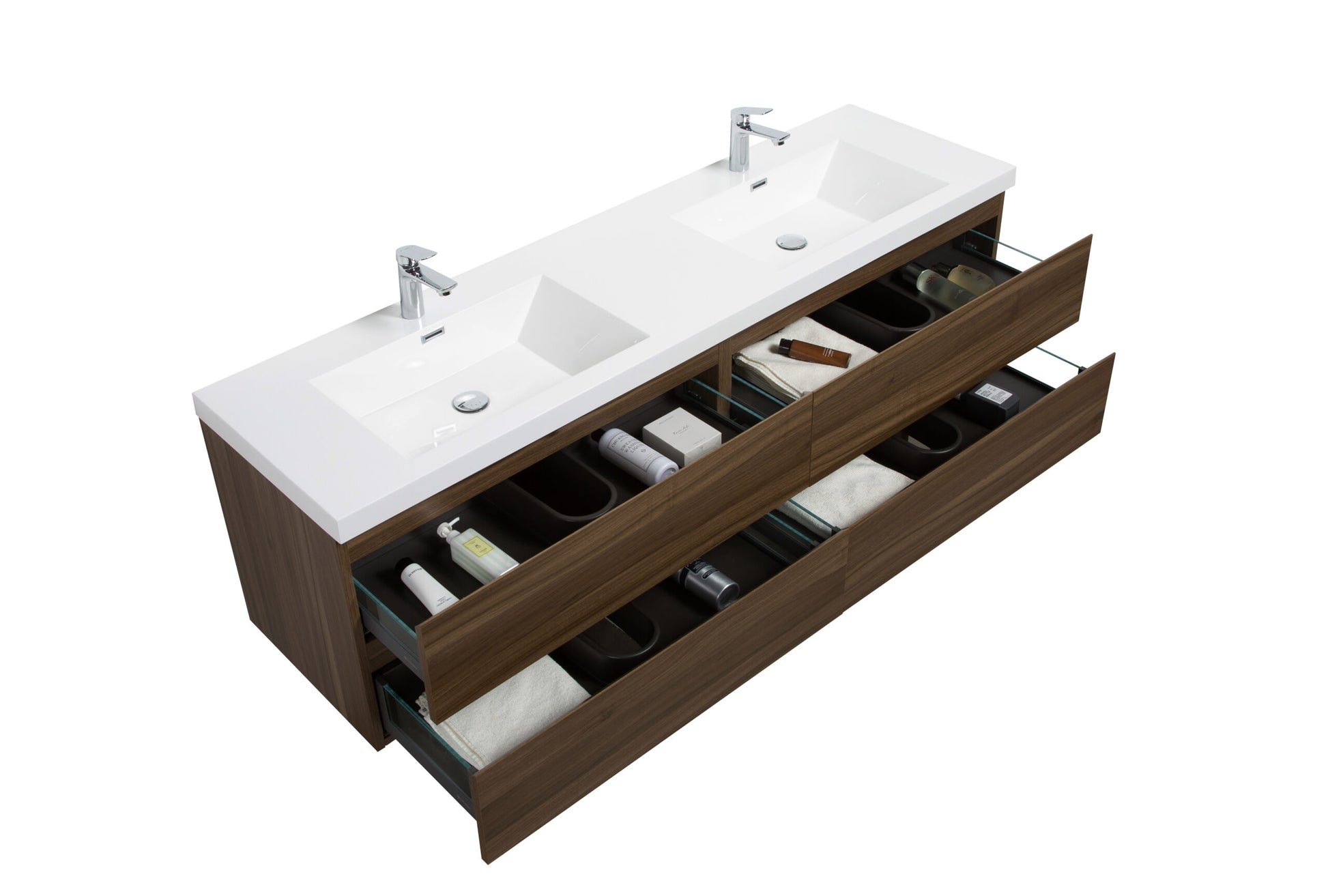 Aurora 72" Smokey Walnut Wall Hung Double Sink Bathroom Vanity with White Acrylic Countertop