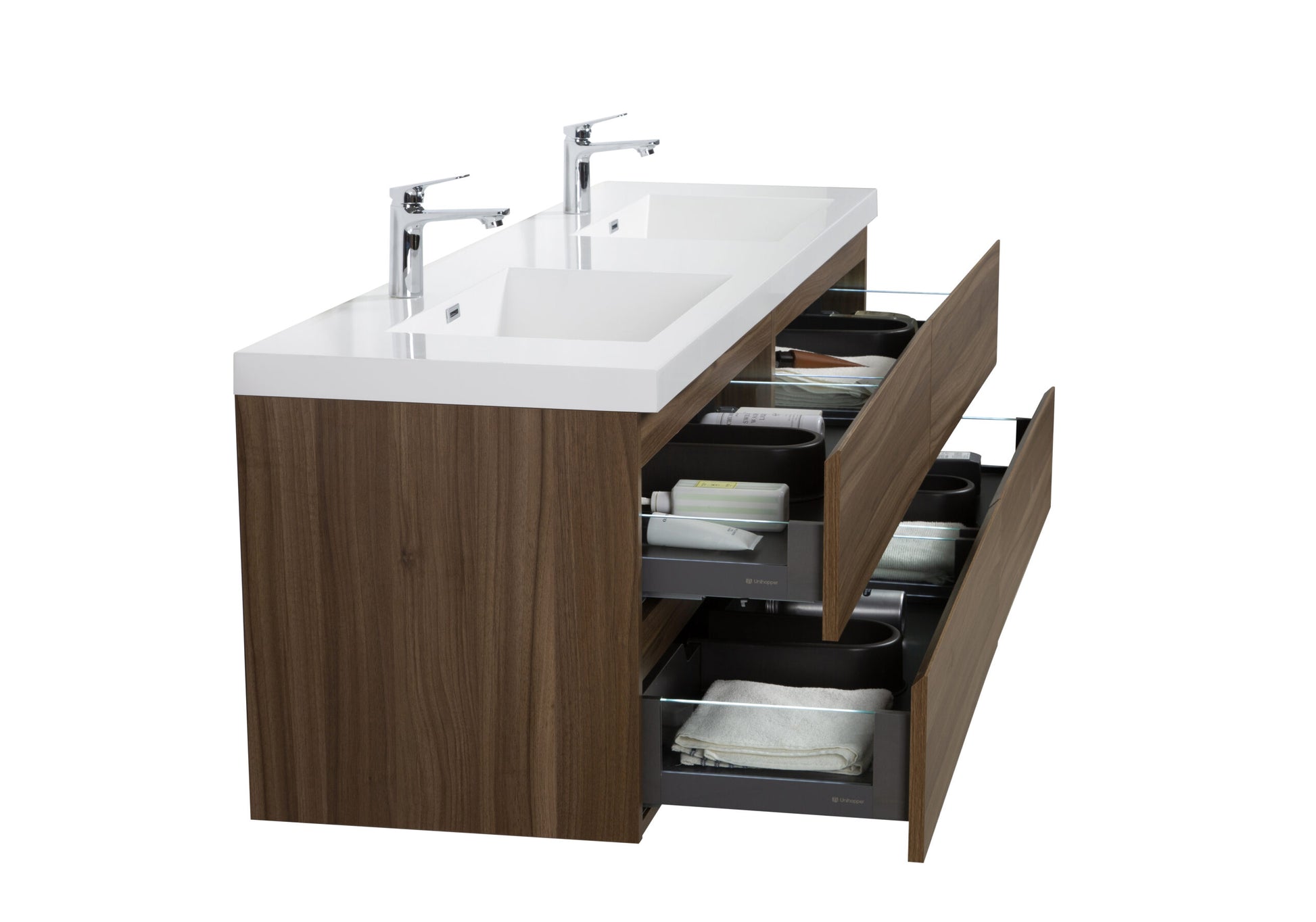 Aurora 72" Smokey Walnut Wall Hung Double Sink Bathroom Vanity with White Acrylic Countertop