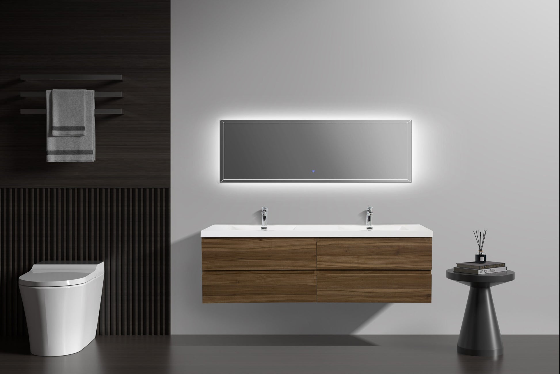 Aurora 72" Smokey Walnut Wall Hung Double Sink Bathroom Vanity with White Acrylic Countertop