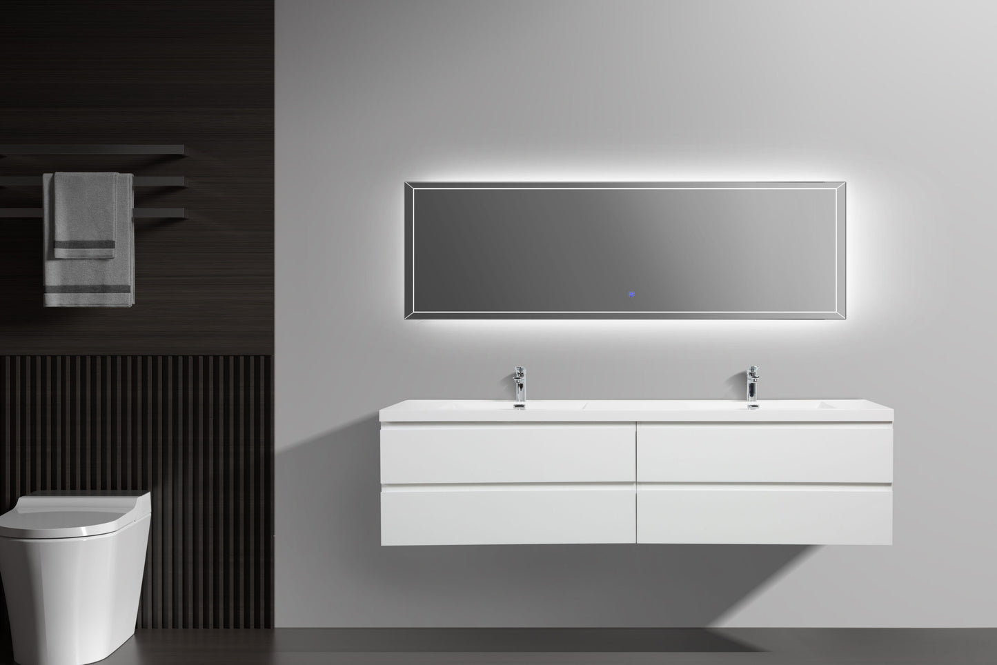 Aurora 84" Glossy Polar White Wall Hung Double Sink Bathroom Vanity with White Acrylic Countertop