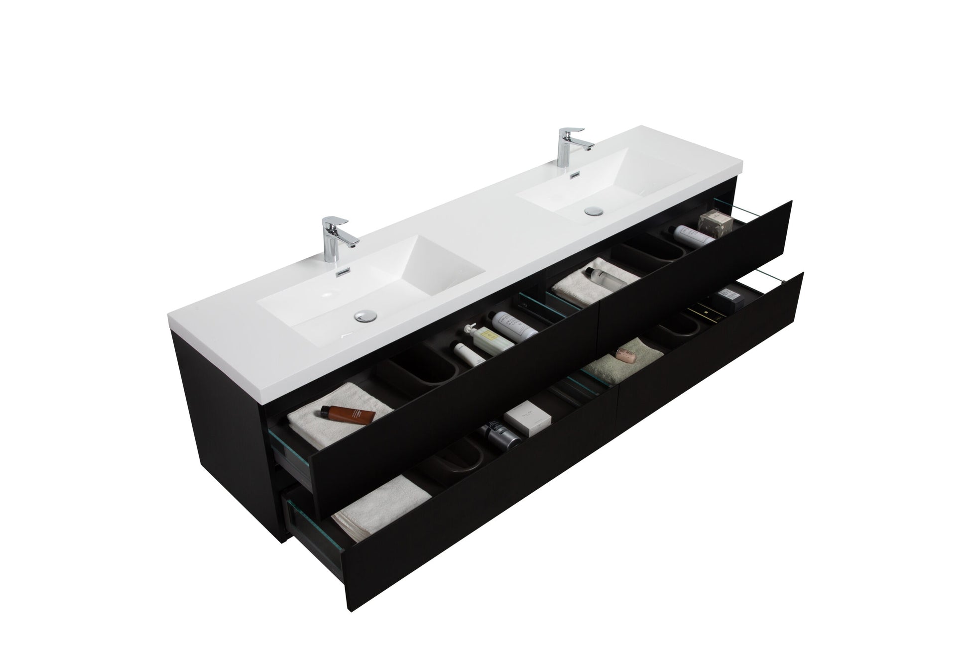 Aurora 84" Matte Midnight Black Wall Hung Double Sink Bathroom Vanity with White Acrylic Countertop