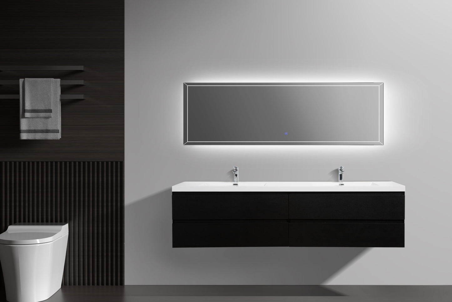 Aurora 84" Matte Midnight Black Wall Hung Double Sink Bathroom Vanity with White Acrylic Countertop