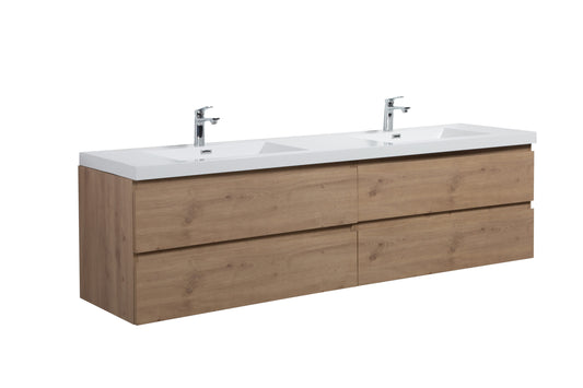 Aurora 84" Sonoma Oak Wall Hung Double Sink Bathroom Vanity with White Acrylic Countertop