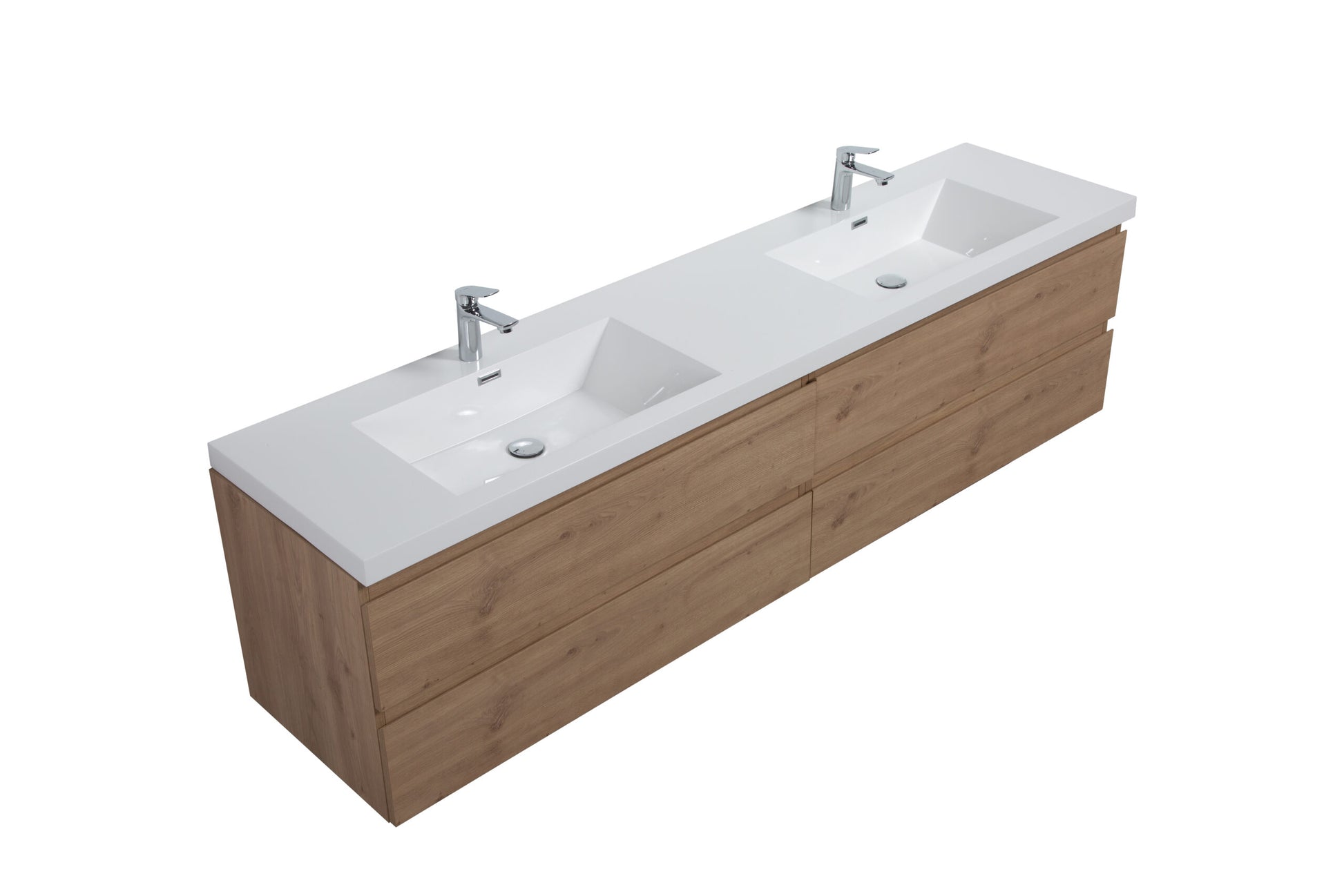 Aurora 84" Sonoma Oak Wall Hung Double Sink Bathroom Vanity with White Acrylic Countertop