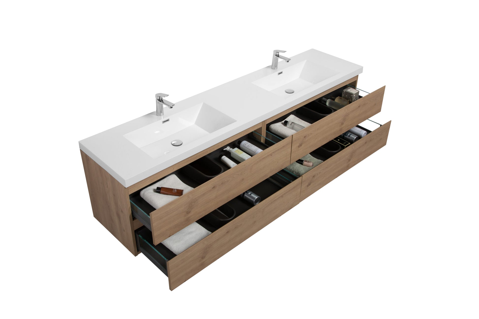 Aurora 84" Sonoma Oak Wall Hung Double Sink Bathroom Vanity with White Acrylic Countertop