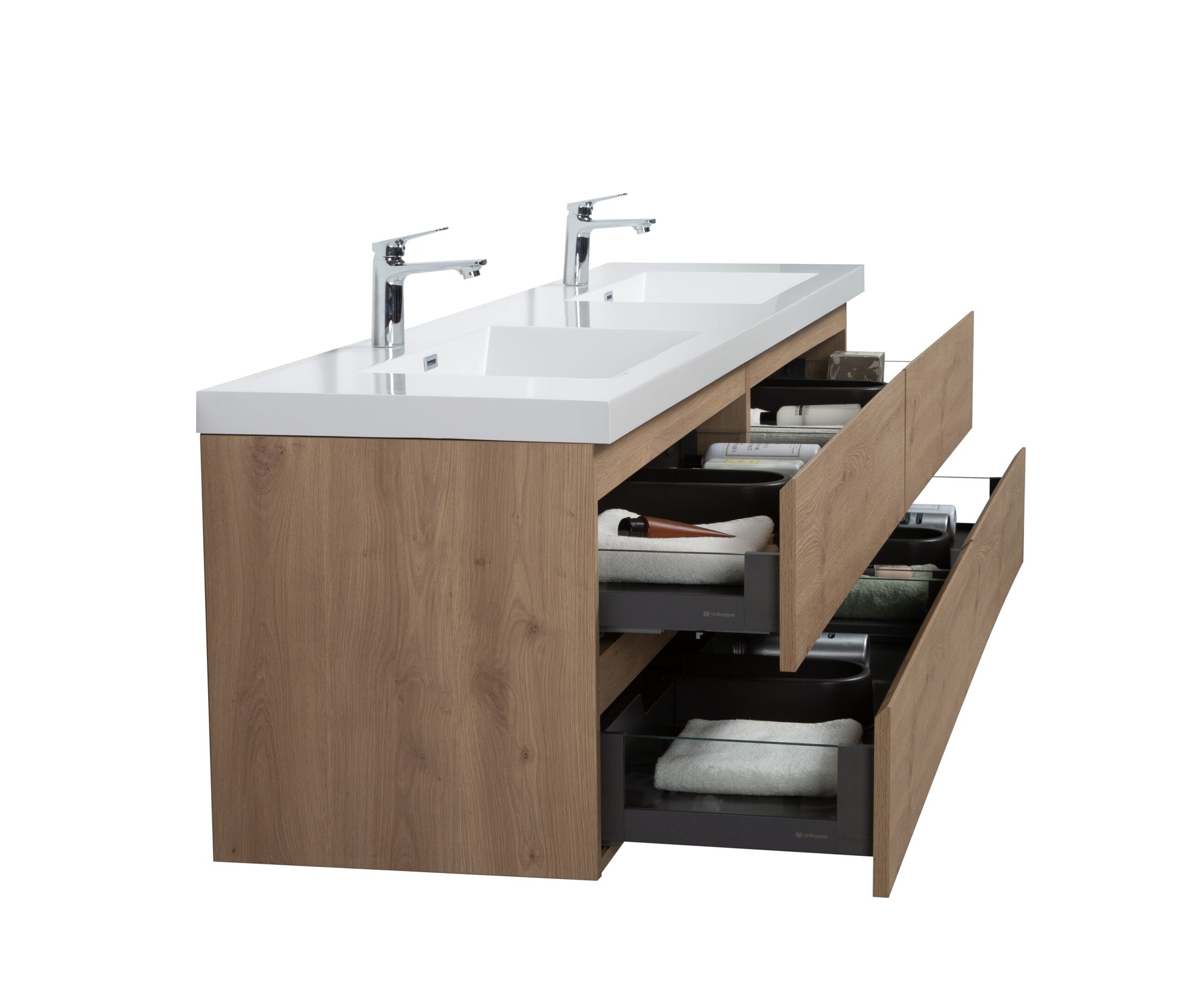 Aurora 84" Sonoma Oak Wall Hung Double Sink Bathroom Vanity with White Acrylic Countertop