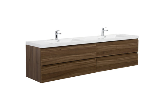 Aurora 84" Smokey Walnut Wall Hung Double Sink Bathroom Vanity with White Acrylic Countertop