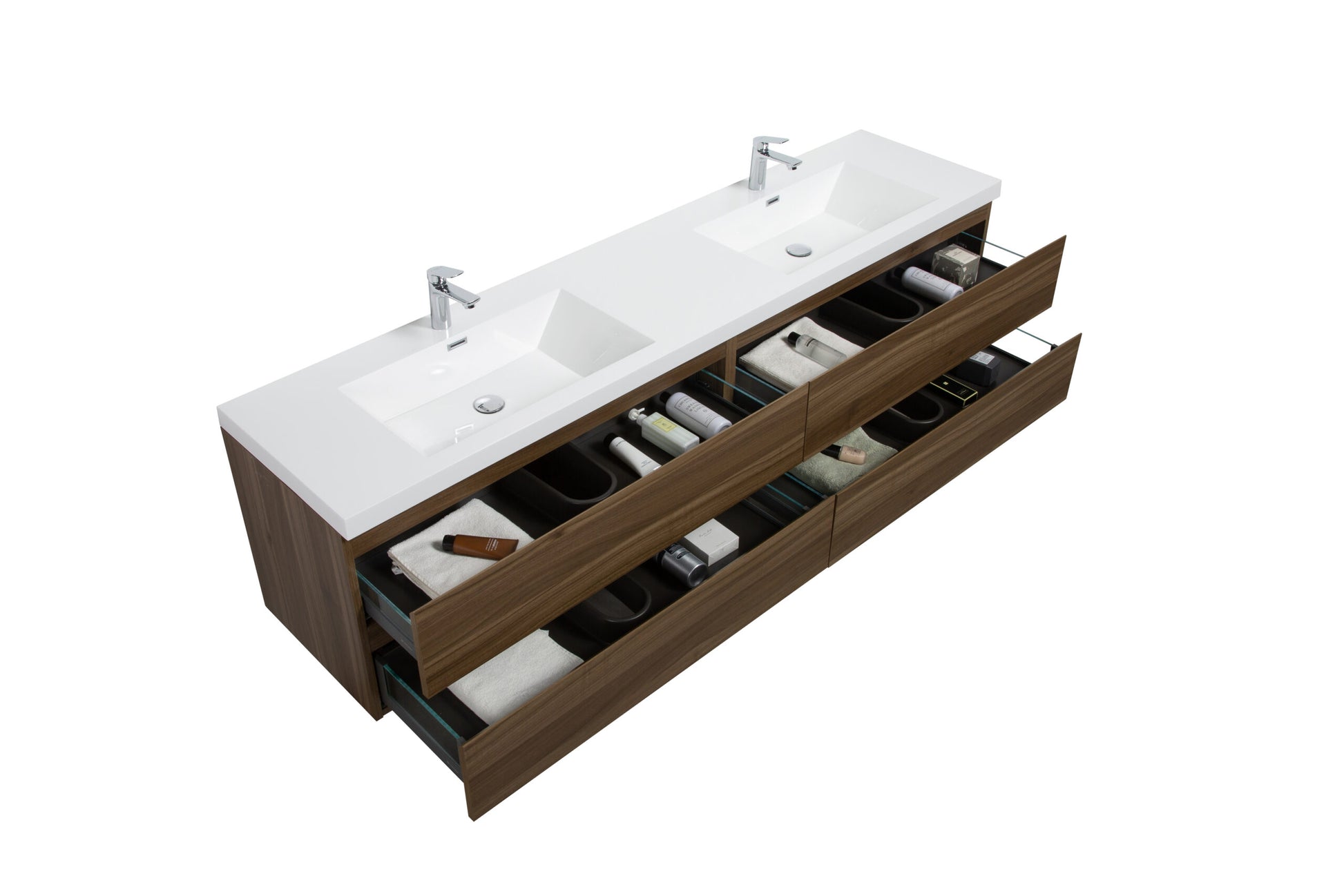 Aurora 84" Smokey Walnut Wall Hung Double Sink Bathroom Vanity with White Acrylic Countertop