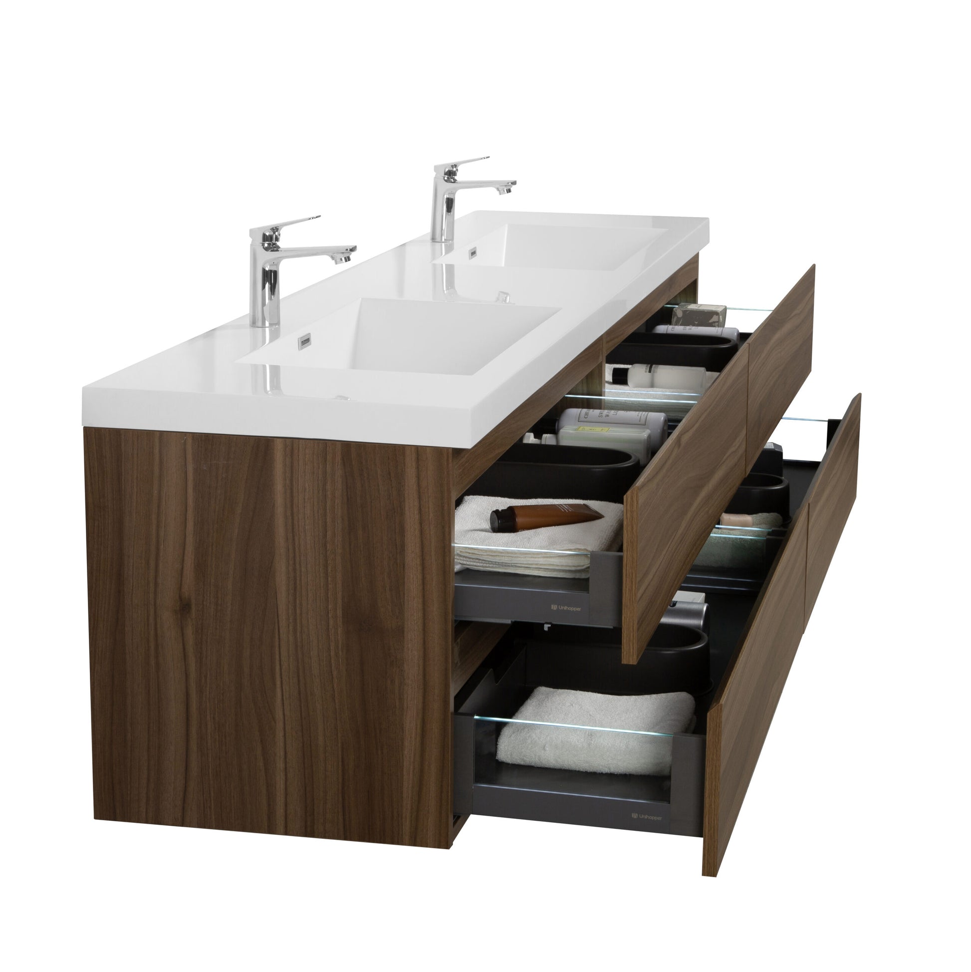 Aurora 84" Smokey Walnut Wall Hung Double Sink Bathroom Vanity with White Acrylic Countertop