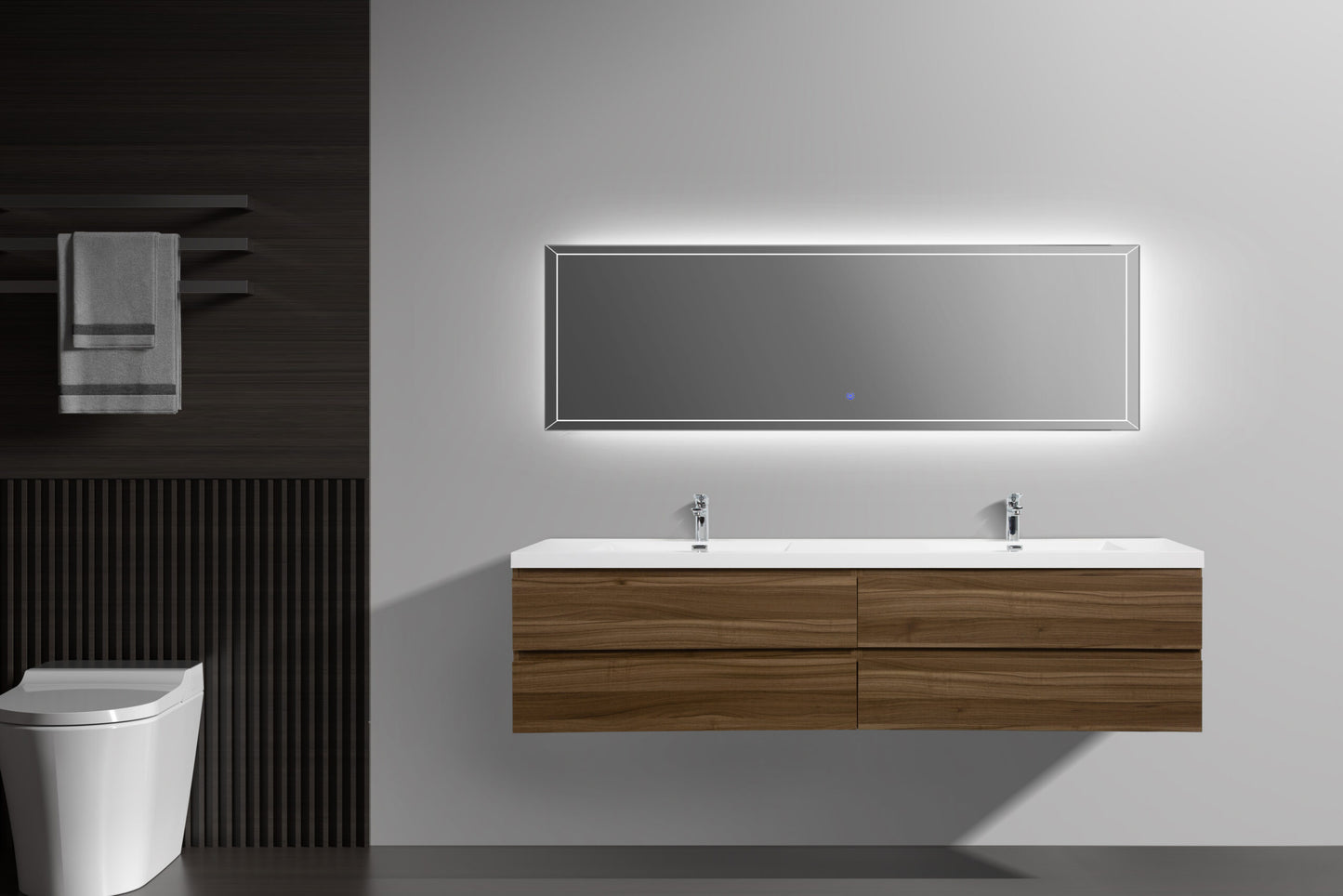 Aurora 84" Smokey Walnut Wall Hung Double Sink Bathroom Vanity with White Acrylic Countertop