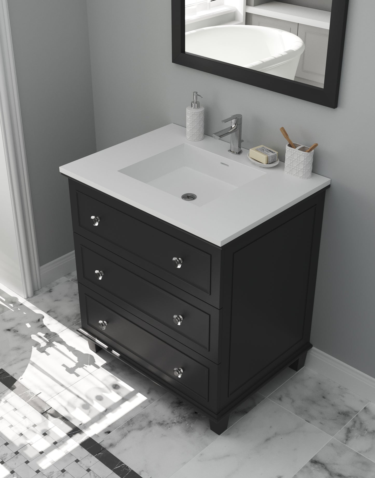 Luna 30" Espresso Bathroom Vanity with Matte White VIVA Stone Solid Surface Countertop