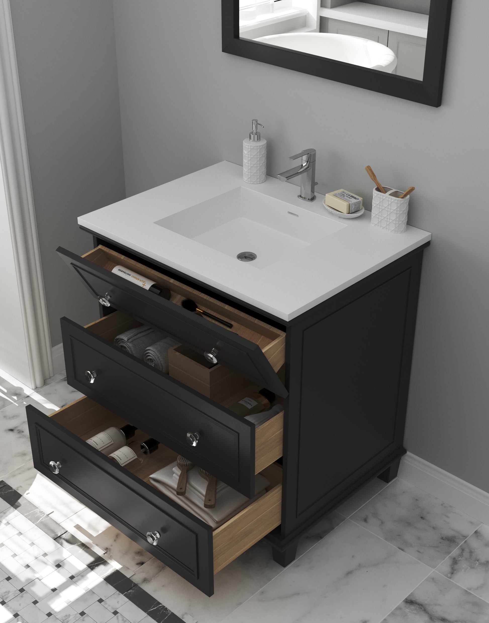 Luna 30" Espresso Bathroom Vanity with Matte White VIVA Stone Solid Surface Countertop