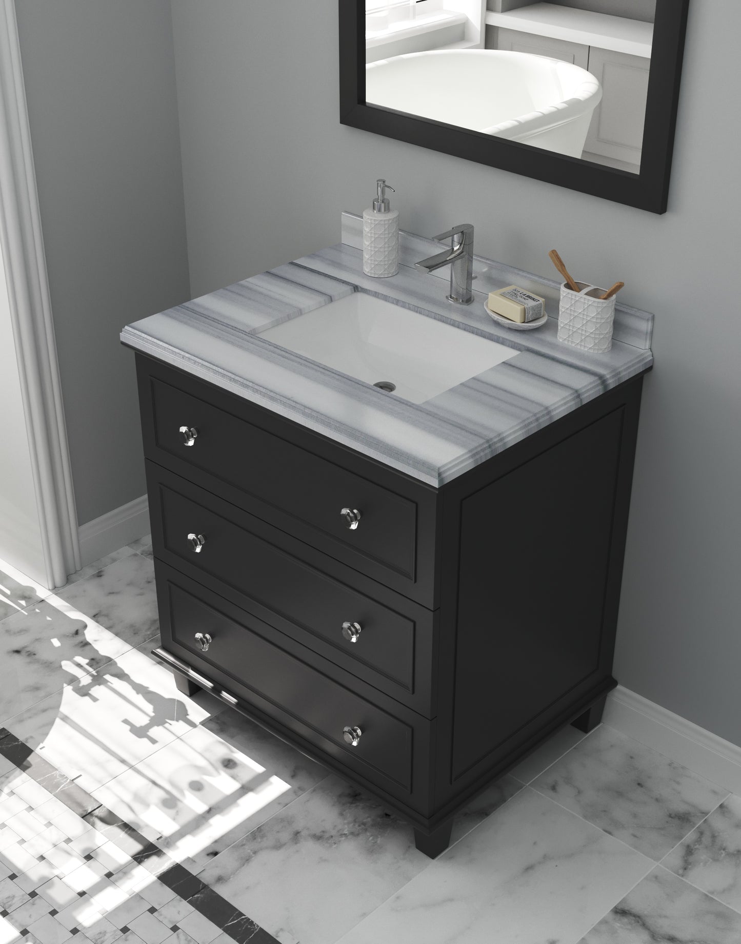 Luna 30" Espresso Bathroom Vanity with White Stripes Marble Countertop