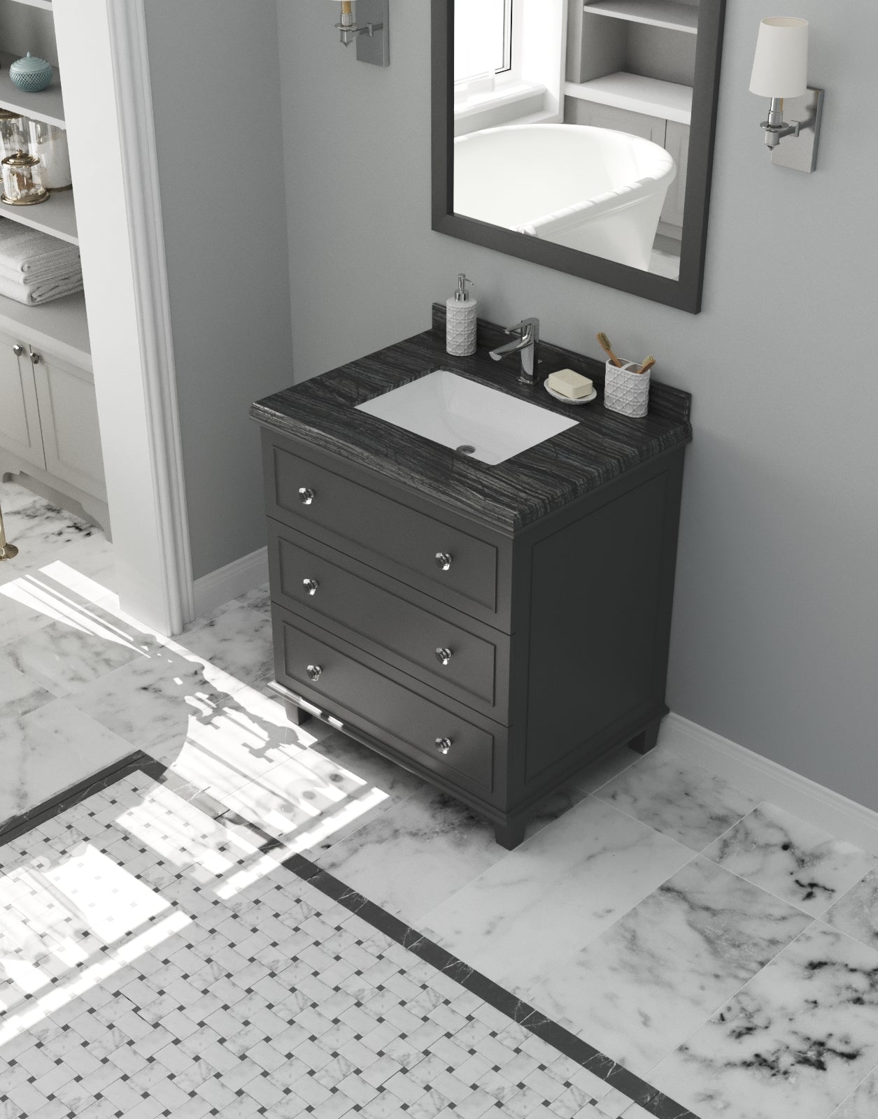 Luna 30" Maple Grey Bathroom Vanity with Black Wood Marble Countertop