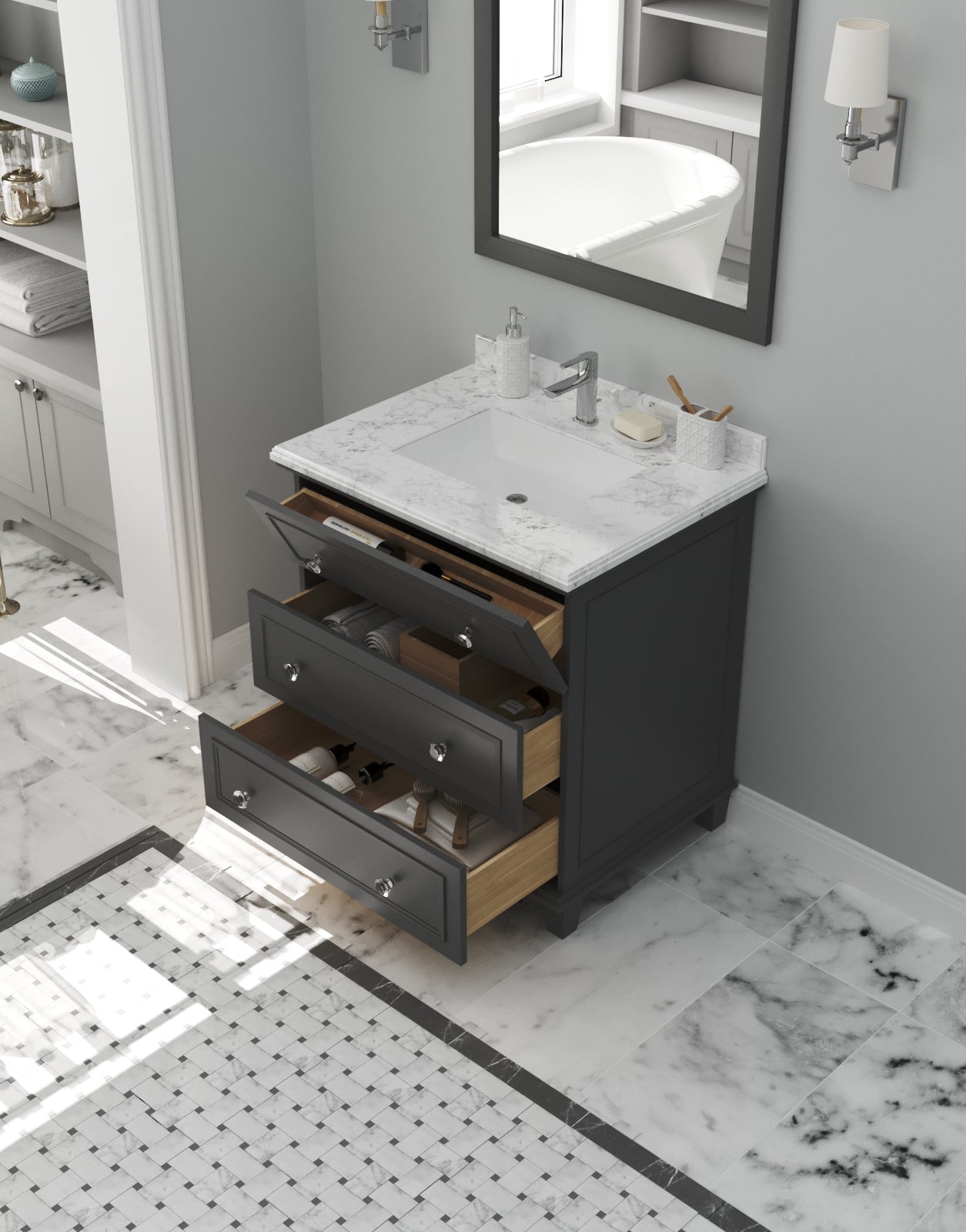 Luna 30" Maple Grey Bathroom Vanity with White Carrara Marble Countertop