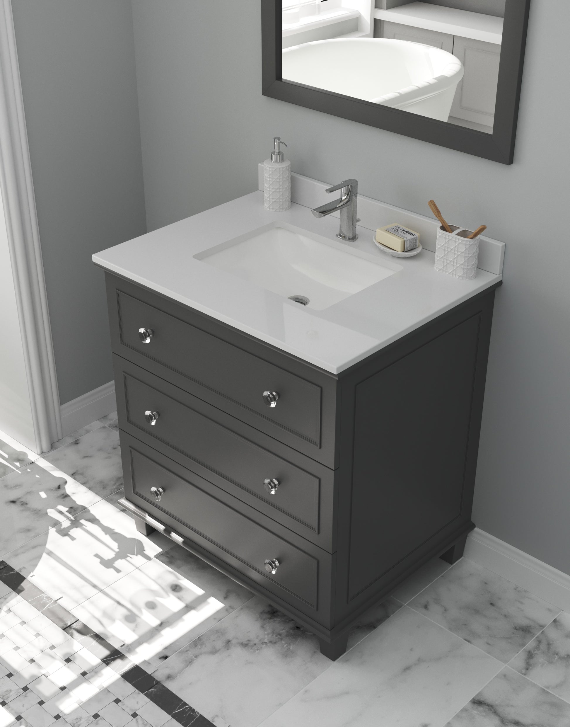 Luna 30" Maple Grey Bathroom Vanity with White Quartz Countertop