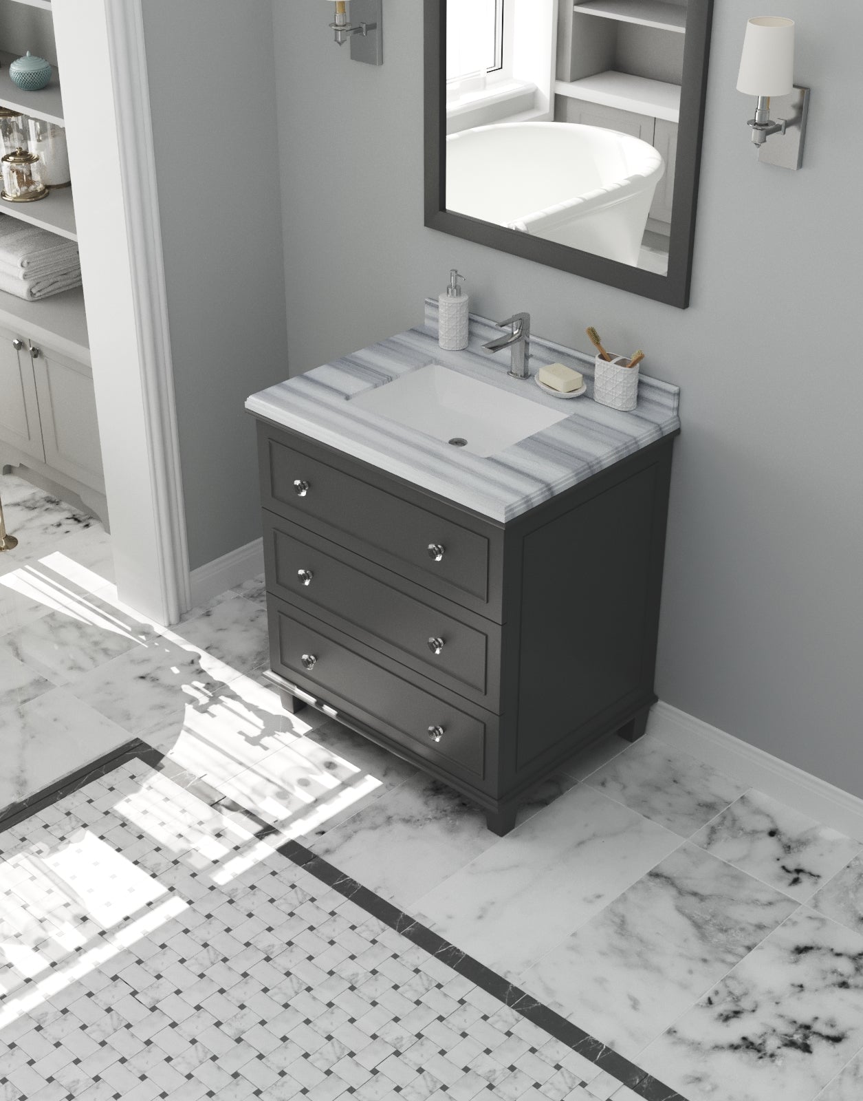 Luna 30" Maple Grey Bathroom Vanity with White Stripes Marble Countertop