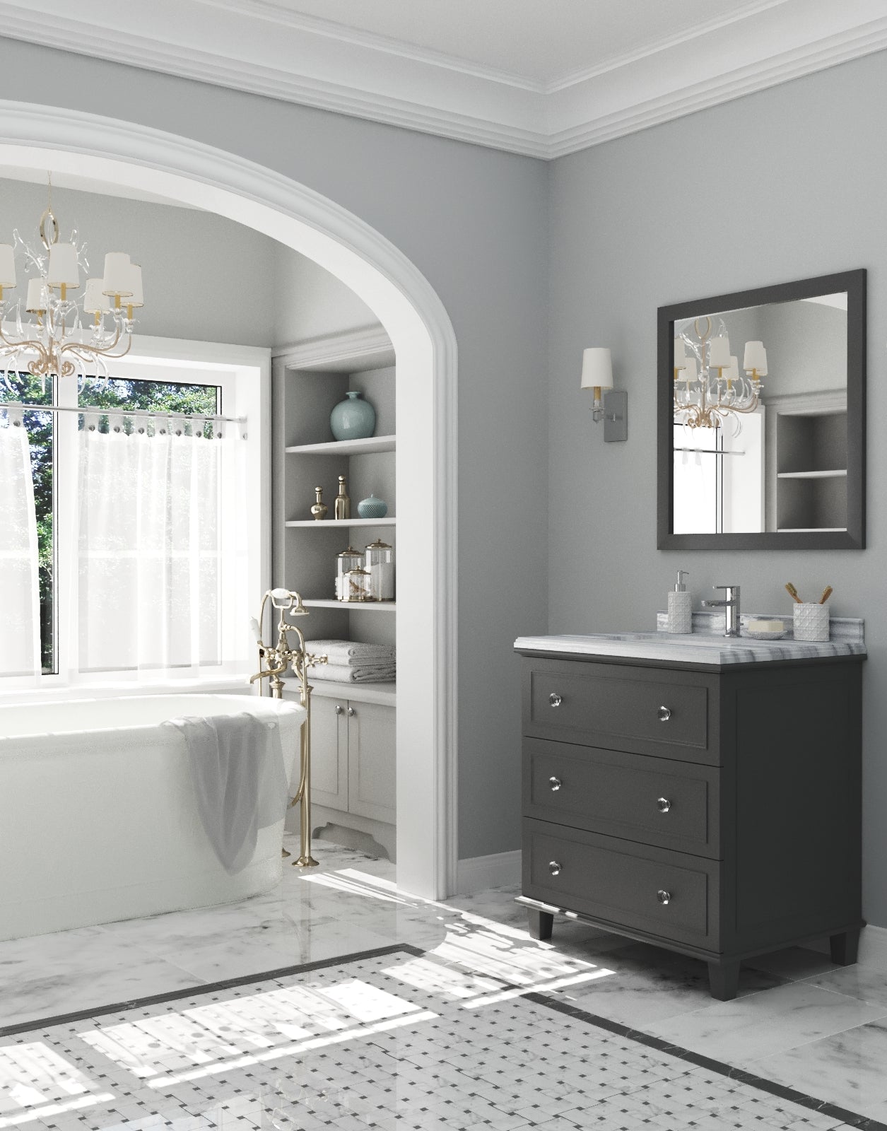 Luna 30" Maple Grey Bathroom Vanity with White Stripes Marble Countertop