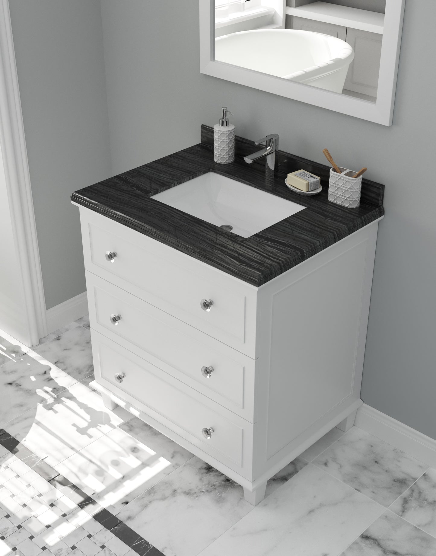 Luna 30" White Bathroom Vanity with Black Wood Marble Countertop