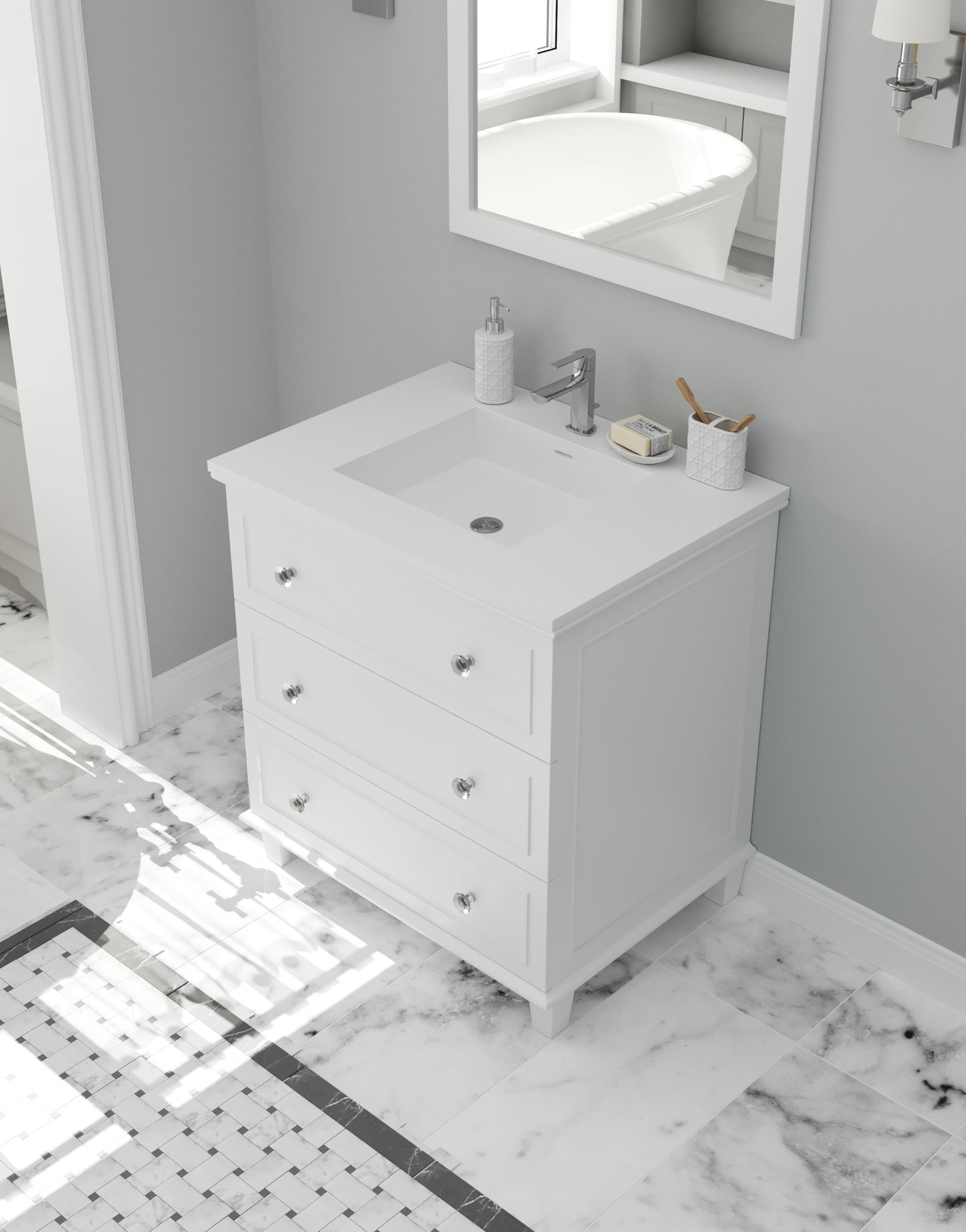 Luna 30" White Bathroom Vanity with Matte White VIVA Stone Solid Surface Countertop