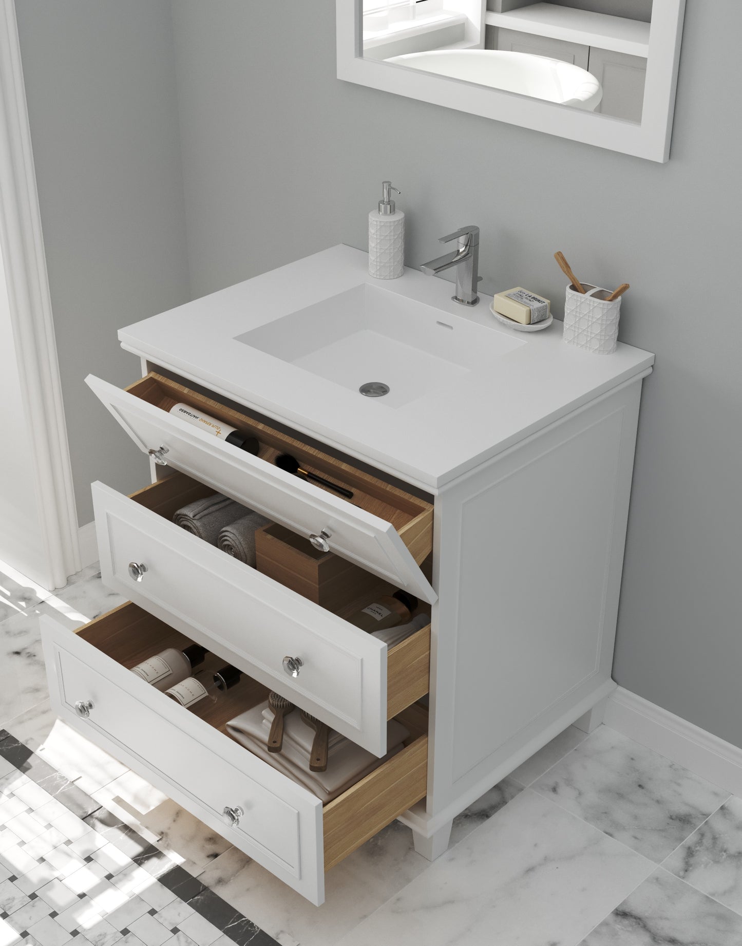 Luna 30" White Bathroom Vanity with Matte White VIVA Stone Solid Surface Countertop