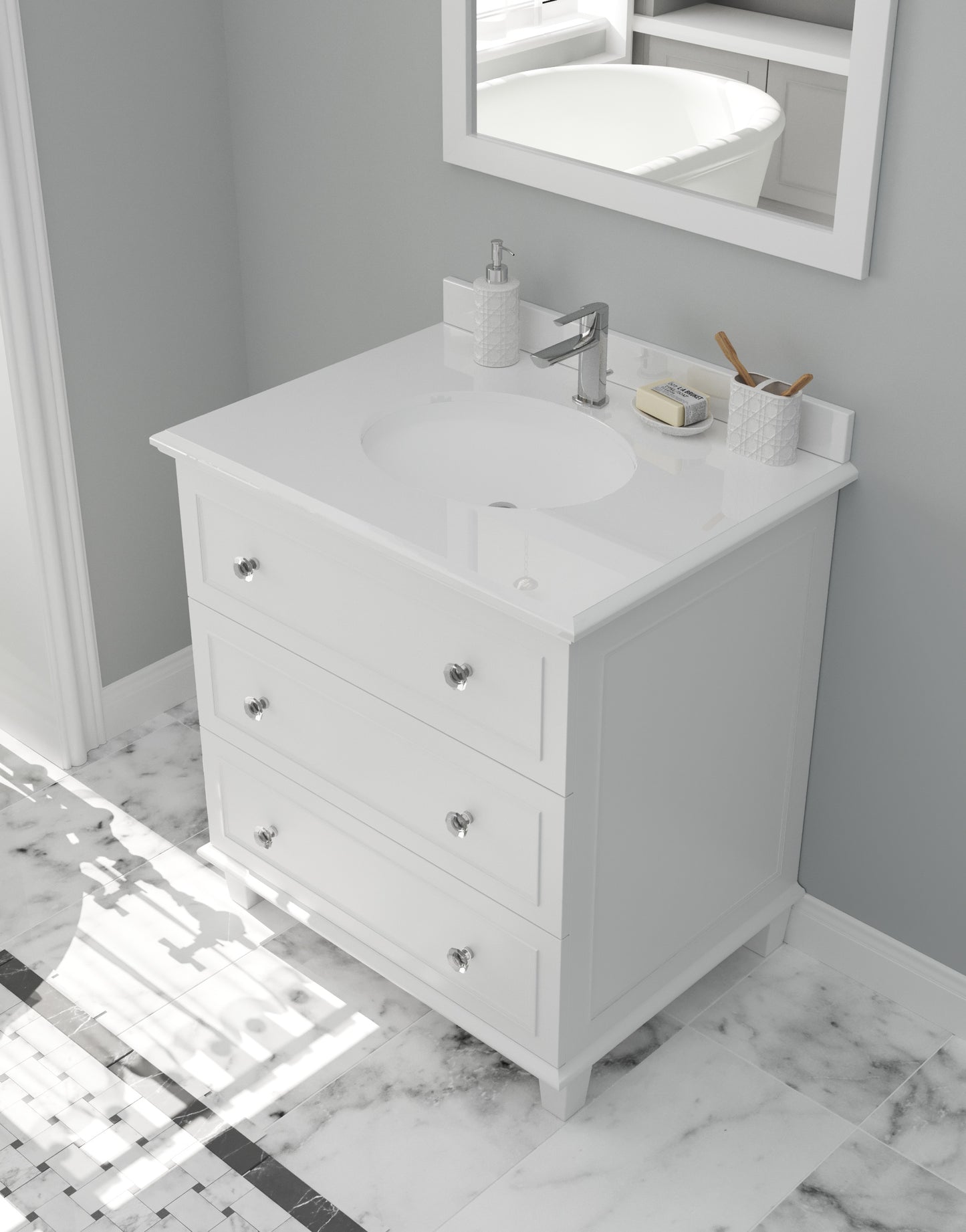 Luna 30" White Bathroom Vanity with Pure White Phoenix Stone Countertop