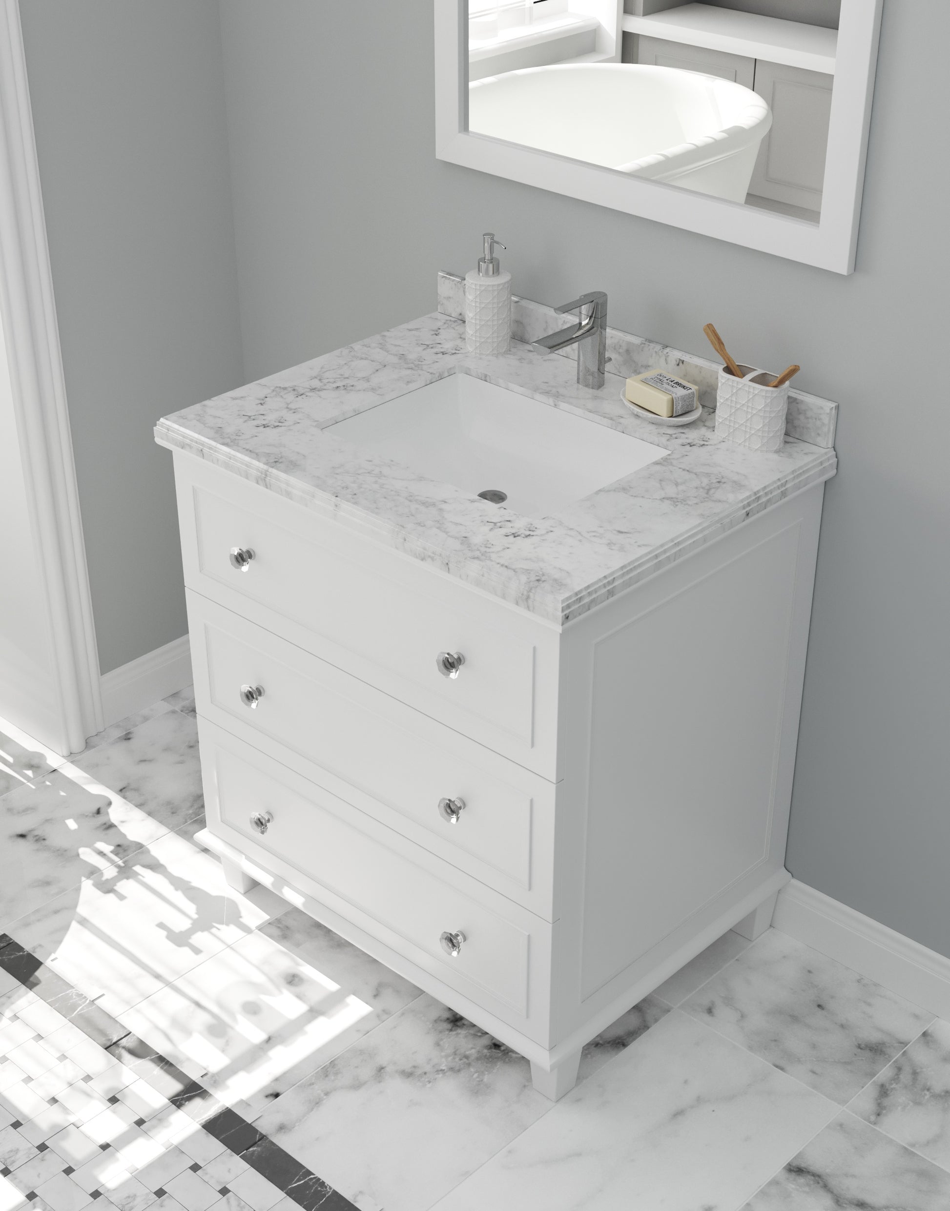 Luna 30" White Bathroom Vanity with White Carrara Marble Countertop