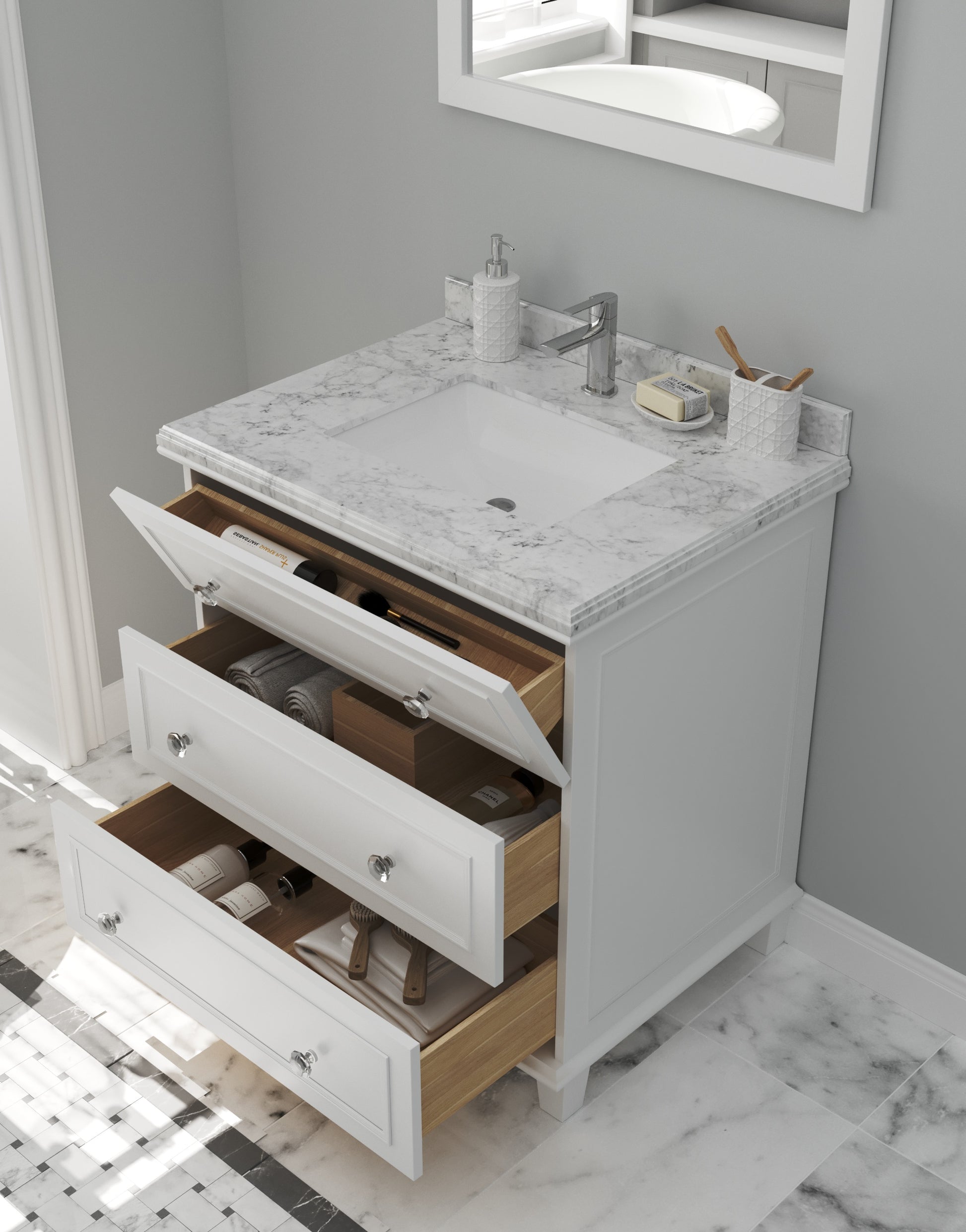 Luna 30" White Bathroom Vanity with White Carrara Marble Countertop